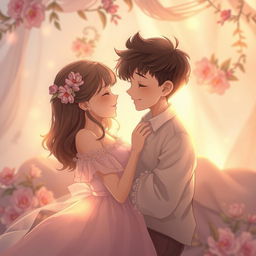 A romantic scene depicting a boy and girl in a soft, intimate setting, surrounded by gentle light and warm colors