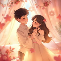A romantic scene depicting a boy and girl in a soft, intimate setting, surrounded by gentle light and warm colors