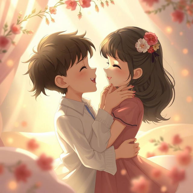 A romantic scene depicting a boy and girl in a soft, intimate setting, surrounded by gentle light and warm colors