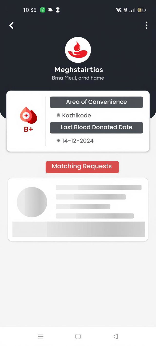 A user interface of a mobile application focused on blood donation