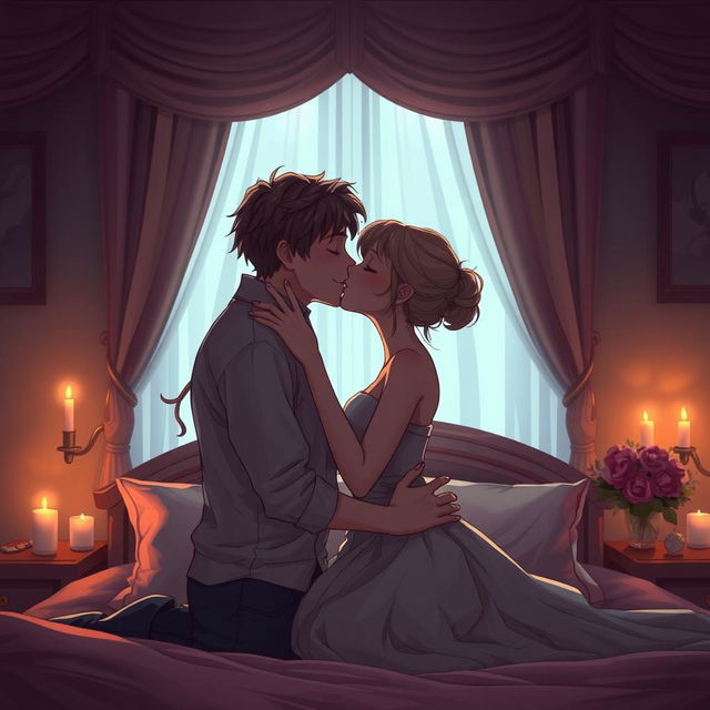 A romantic and intimate scene depicting a boy and girl in a soft, passionate kiss in a beautifully decorated bedroom