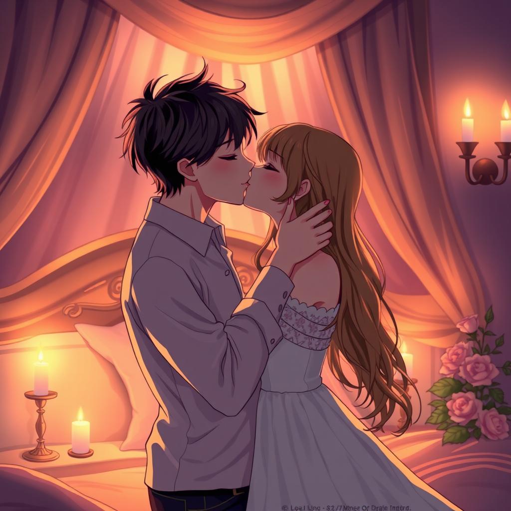 A romantic and intimate scene depicting a boy and girl in a soft, passionate kiss in a beautifully decorated bedroom