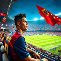 A highly detailed portrayal of Cristiano Ronaldo, wearing a Barcelona jersey, sitting in the stands of a vibrant stadium, watching a thrilling football match