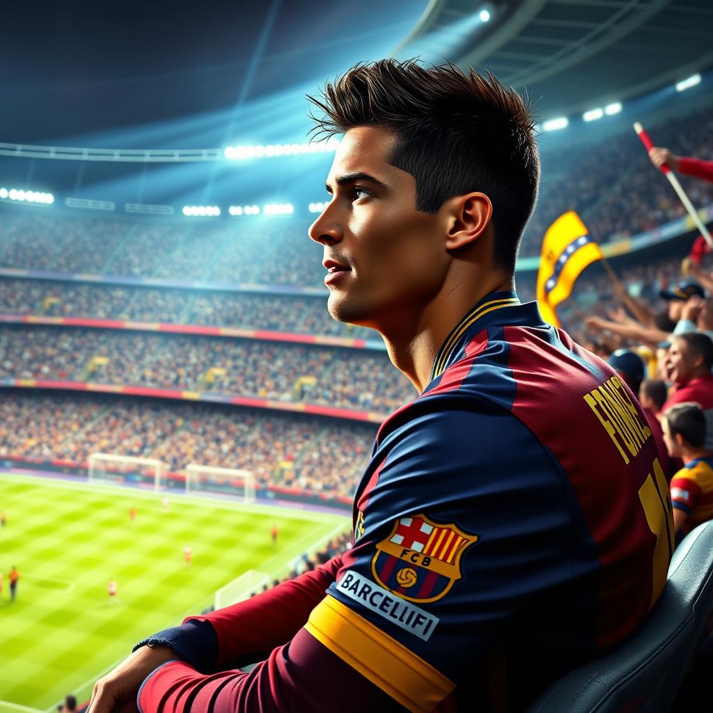 A highly detailed portrayal of Cristiano Ronaldo, wearing a Barcelona jersey, sitting in the stands of a vibrant stadium, watching a thrilling football match