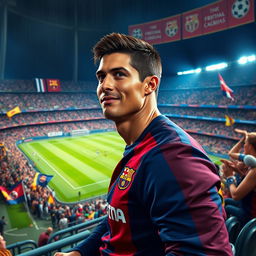 A highly detailed portrayal of Cristiano Ronaldo, wearing a Barcelona jersey, sitting in the stands of a vibrant stadium, watching a thrilling football match