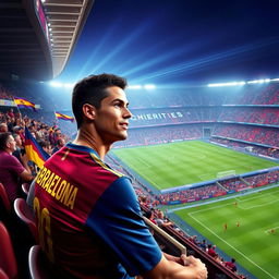 A highly detailed portrayal of Cristiano Ronaldo, wearing a Barcelona jersey, sitting in the stands of a vibrant stadium, watching a thrilling football match
