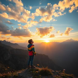 A young boy stands alone on a majestic mountain peak, gazing up at a vast, vibrant sky filled with fluffy clouds and a warm golden sunset