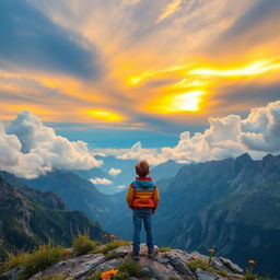 A young boy stands alone on a majestic mountain peak, gazing up at a vast, vibrant sky filled with fluffy clouds and a warm golden sunset