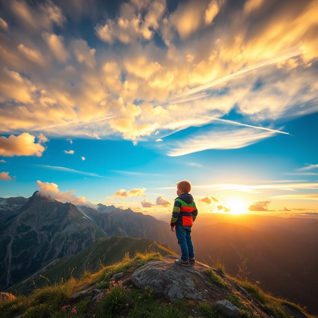 A young boy stands alone on a majestic mountain peak, gazing up at a vast, vibrant sky filled with fluffy clouds and a warm golden sunset