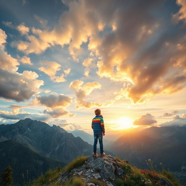 A young boy stands alone on a majestic mountain peak, gazing up at a vast, vibrant sky filled with fluffy clouds and a warm golden sunset