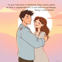 A philosophical illustration depicting the concept of happiness, where one person is embracing another in a gesture of affection and understanding