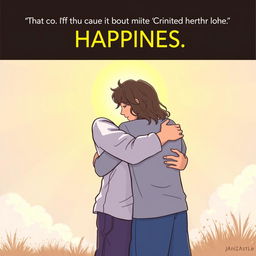 A philosophical illustration depicting the concept of happiness, where one person is embracing another in a gesture of affection and understanding