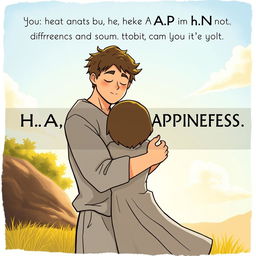 A philosophical illustration depicting the concept of happiness, where one person is embracing another in a gesture of affection and understanding