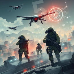 A conceptual illustration of 5th generation warfare, depicting advanced technology and cyber warfare elements