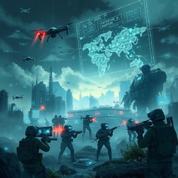 A conceptual illustration of 5th generation warfare, depicting advanced technology and cyber warfare elements