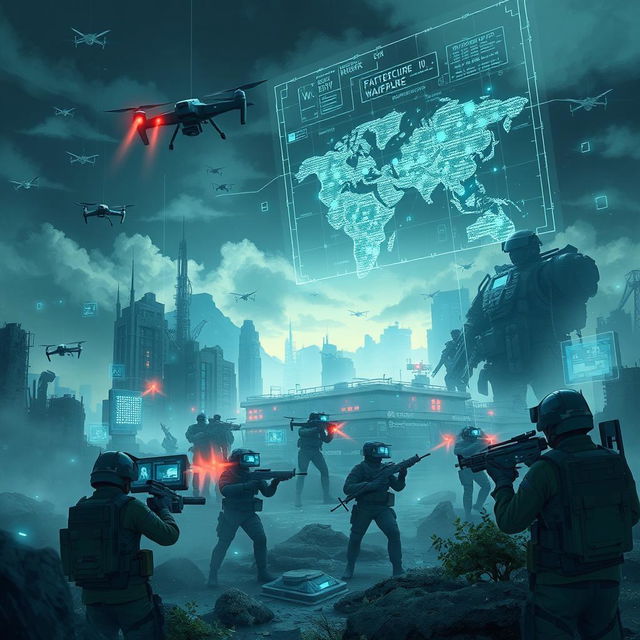 A conceptual illustration of 5th generation warfare, depicting advanced technology and cyber warfare elements