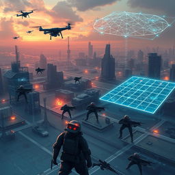 A conceptual illustration of 5th generation warfare, depicting advanced technology and cyber warfare elements