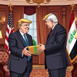 A scene depicting Donald Trump welcoming former Iraqi Parliament Speaker Mohammed Rikan Al-Halbousi in a lavish office setting