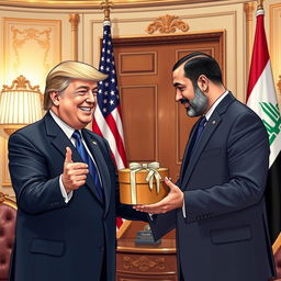 A scene depicting Donald Trump welcoming former Iraqi Parliament Speaker Mohammed Rikan Al-Halbousi in a lavish office setting