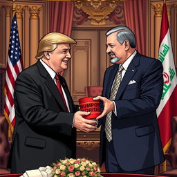 A scene depicting Donald Trump welcoming former Iraqi Parliament Speaker Mohammed Rikan Al-Halbousi in a lavish office setting