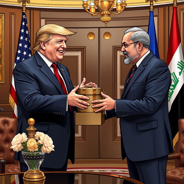 A scene depicting Donald Trump welcoming former Iraqi Parliament Speaker Mohammed Rikan Al-Halbousi in a lavish office setting