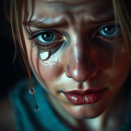 A close-up shot of a person with tears streaming down their face, showcasing raw emotion