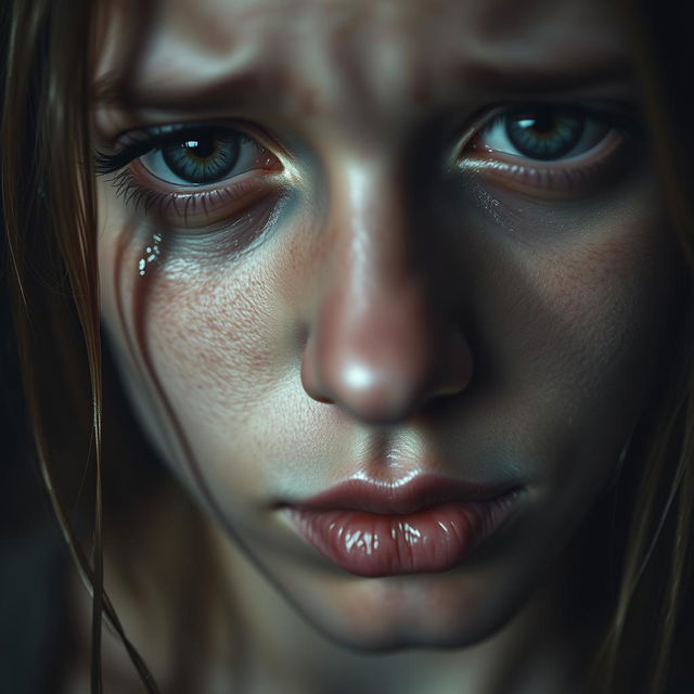 A close-up shot of a person with tears streaming down their face, showcasing raw emotion