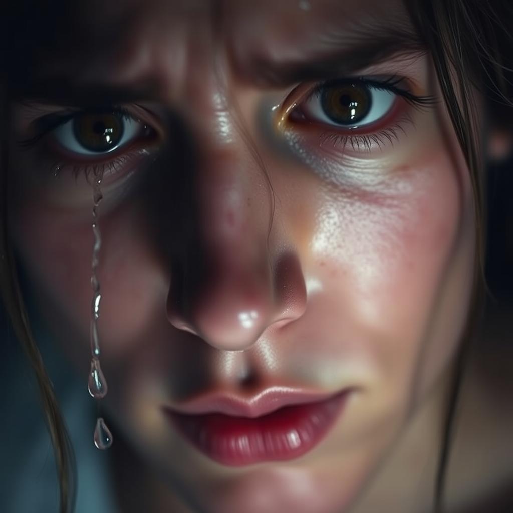 A close-up shot of a person with tears streaming down their face, showcasing raw emotion