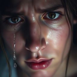 A close-up shot of a person with tears streaming down their face, showcasing raw emotion