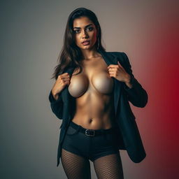 A confident woman with an alluring presence, featuring big breasts, dressed in a stylish blazer that she is holding as if she wants to open it