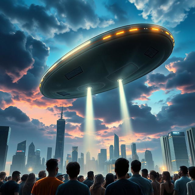 An alien spaceship landing on a futuristic cityscape at dusk, the sky filled with dramatic clouds illuminated by the glow of the spaceship's descending lights