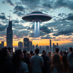 An alien spaceship landing on a futuristic cityscape at dusk, the sky filled with dramatic clouds illuminated by the glow of the spaceship's descending lights