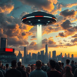 An alien spaceship landing on a futuristic cityscape at dusk, the sky filled with dramatic clouds illuminated by the glow of the spaceship's descending lights