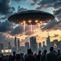 An alien spaceship landing on a futuristic cityscape at dusk, the sky filled with dramatic clouds illuminated by the glow of the spaceship's descending lights