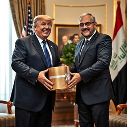 A scene depicting Donald Trump joyfully receiving a cylindrical gift box from former Iraqi Parliament Speaker Mohammed Rikan Al-Halbousi in an opulent office environment