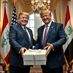 A scene depicting Donald Trump joyfully receiving a cylindrical gift box from former Iraqi Parliament Speaker Mohammed Rikan Al-Halbousi in an opulent office environment