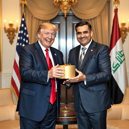 A scene depicting Donald Trump joyfully receiving a cylindrical gift box from former Iraqi Parliament Speaker Mohammed Rikan Al-Halbousi in an opulent office environment