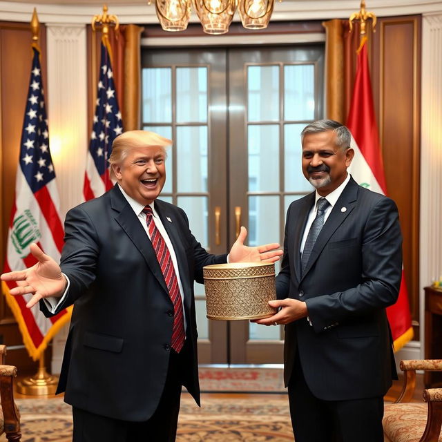 A scene depicting Donald Trump joyfully receiving a cylindrical gift box from former Iraqi Parliament Speaker Mohammed Rikan Al-Halbousi in an opulent office environment