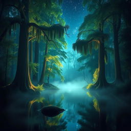 A mystical forest scene with ethereal lighting, featuring tall, ancient trees with glowing foliage