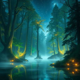 A mystical forest scene with ethereal lighting, featuring tall, ancient trees with glowing foliage