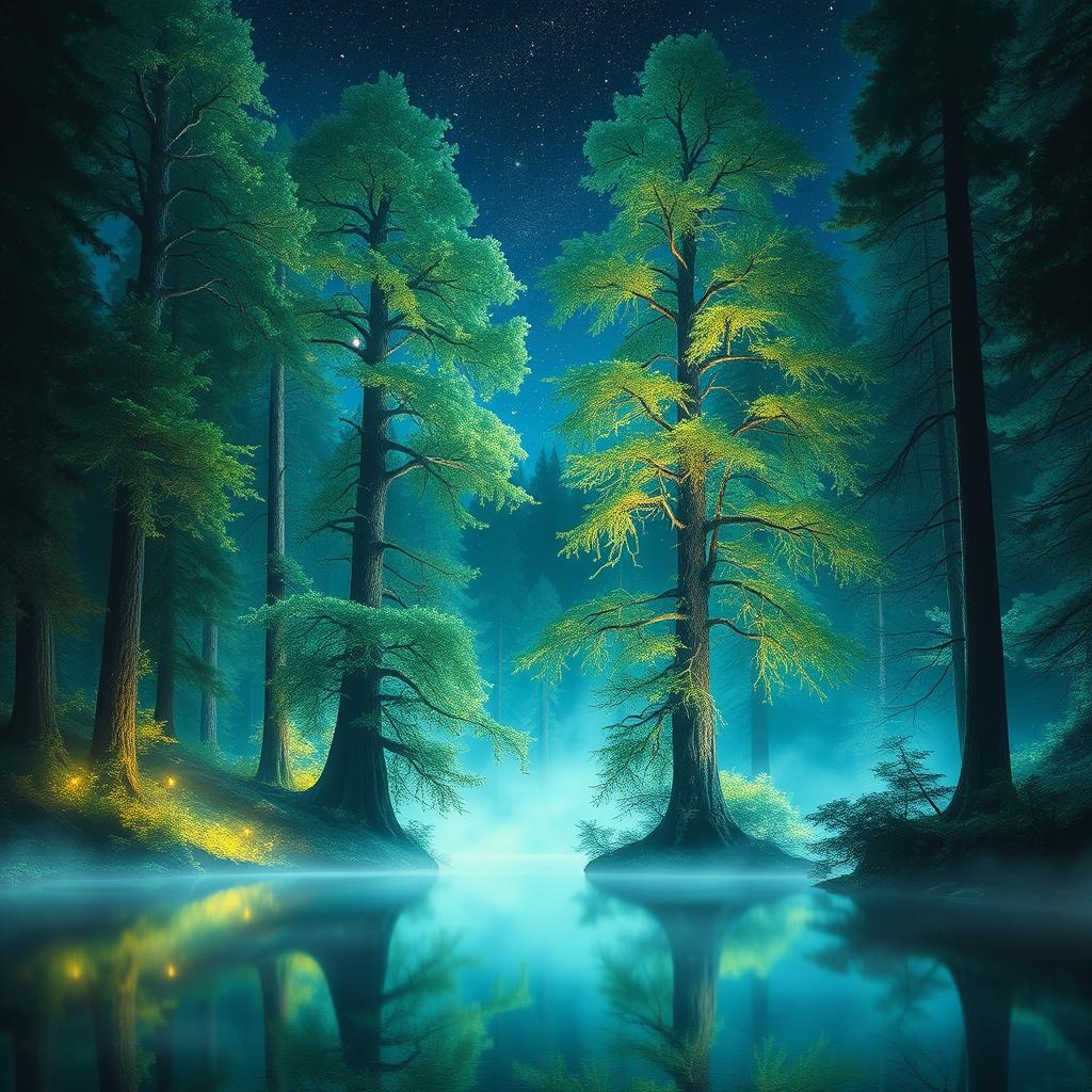 A mystical forest scene with ethereal lighting, featuring tall, ancient trees with glowing foliage