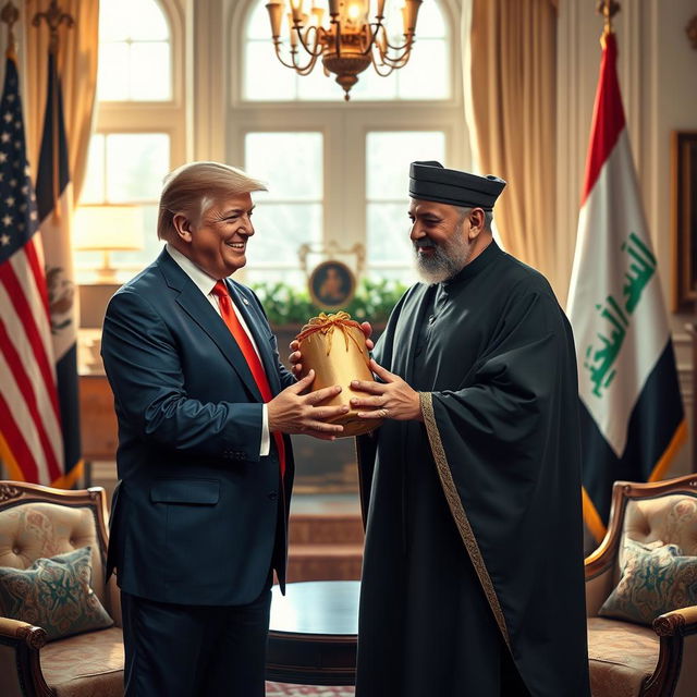 A vivid scene depicting former President Donald Trump receiving a cylindrical gift from the former Speaker of the Iraqi Parliament, Mohammed al-Halbousi