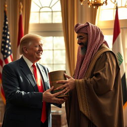 A vivid scene depicting former President Donald Trump receiving a cylindrical gift from the former Speaker of the Iraqi Parliament, Mohammed al-Halbousi