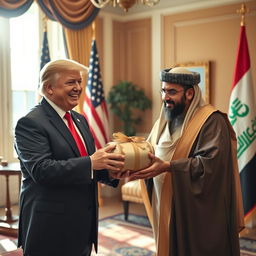 A vivid scene depicting former President Donald Trump receiving a cylindrical gift from the former Speaker of the Iraqi Parliament, Mohammed al-Halbousi