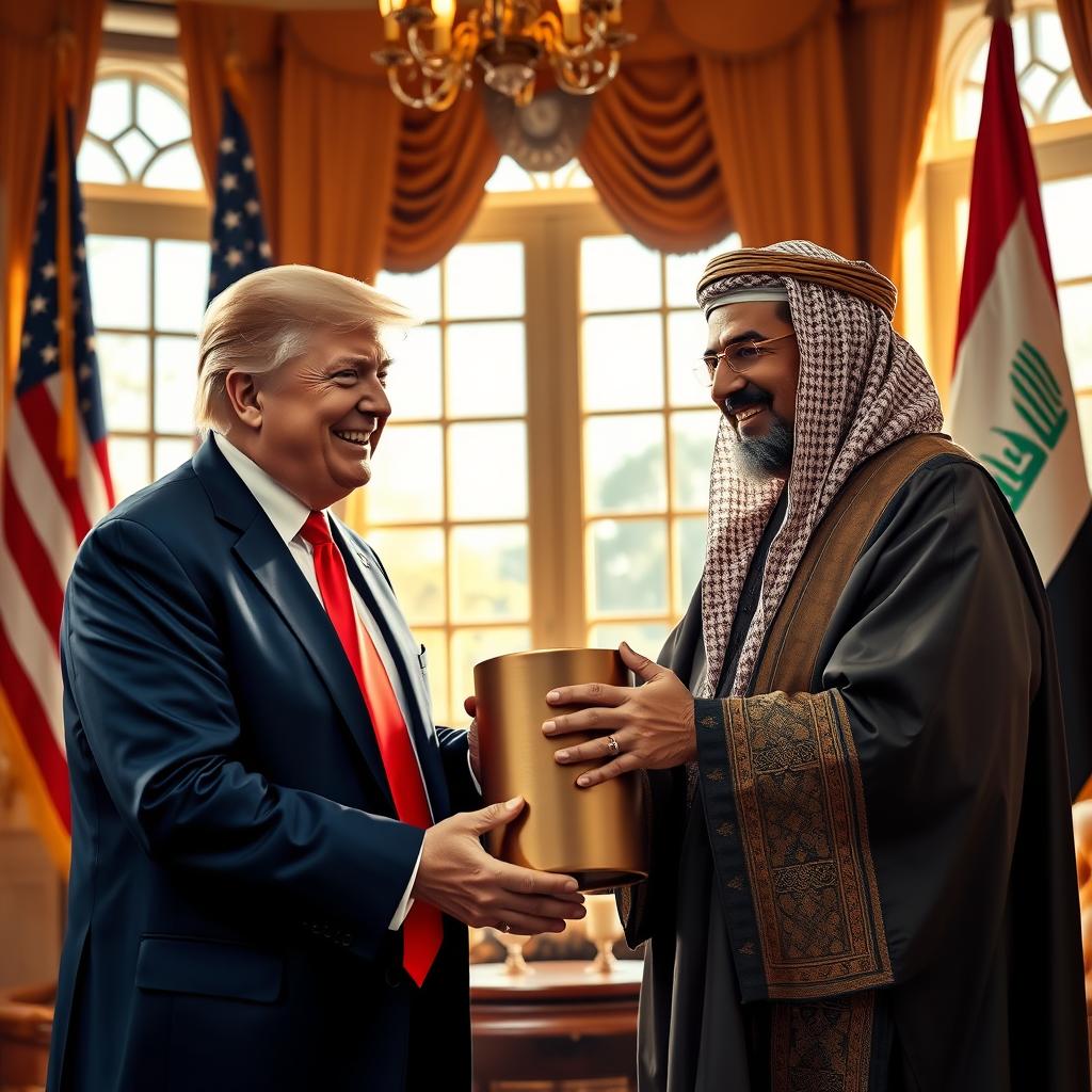 A vivid scene depicting former President Donald Trump receiving a cylindrical gift from the former Speaker of the Iraqi Parliament, Mohammed al-Halbousi