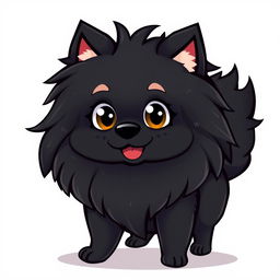 A cute black Pomeranian dog with long, fluffy hair in a vibrant vector cartoon style