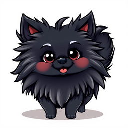 A cute black Pomeranian dog with long, fluffy hair in a vibrant vector cartoon style