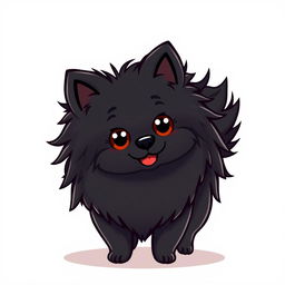 A cute black Pomeranian dog with long, fluffy hair in a vibrant vector cartoon style