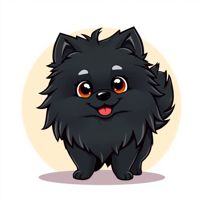 A cute black Pomeranian dog with long, fluffy hair in a vibrant vector cartoon style