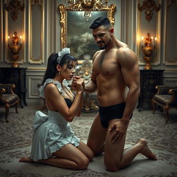 A poignant scene showcasing a sad mature maid in a bikini, kneeling on the ground, tenderly kissing the hand of a bully